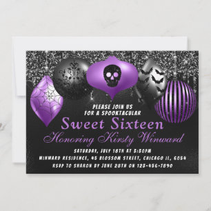 Invitación Ornamentos Black Purple Halloween Dulce 16