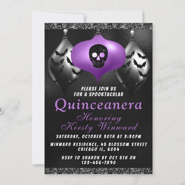 Invitación Ornamentos Black Purple Halloween Quinceanera (Anverso)