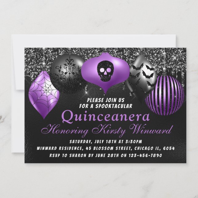 Invitación Ornamentos Black Purple Halloween Quinceanera (Anverso)