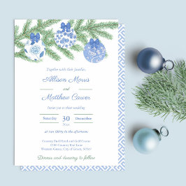Invitación Ornamentos blancos azules Fir Tree Holidays Boda