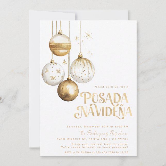 Invitación Ornamentos blancos de oro de la Posada Navideña me (Anverso)