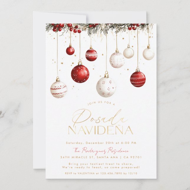 Invitación Ornamentos blancos rojos de la Posada Navideña mex (Anverso)