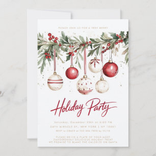 Invitación Ornamentos blancos rojos para fiestas navideñas ba