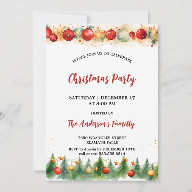 Invitación Ornamentos de acuarela rusa y Fiesta de Navidades  (Anverso)