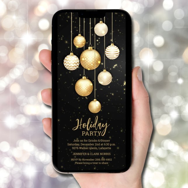 Invitación Ornamentos de árbol de Navidad dorado (Gold Christmas Tree Ornaments Invitations - INSTANT DOWNLOAD and/or PRINTED)