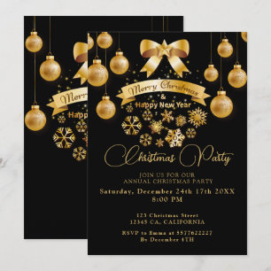 Invitación Ornamentos de árbol de Navidad dorado negro