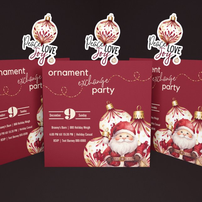Invitación Ornamentos de Borgoña y Oro con Santa (Christmas ornament exchange holiday party with Santa in burgundy and ivory- grab matching stickers)