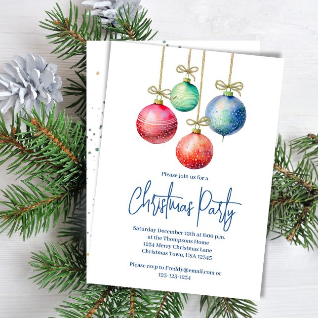 Invitación Ornamentos de color acuático simple Fiesta (Christmas party invitation with colorful ornaments. )