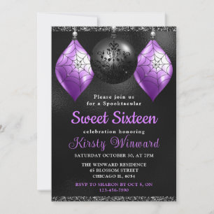 Invitación Ornamentos de Halloween negros y morados dulces 16