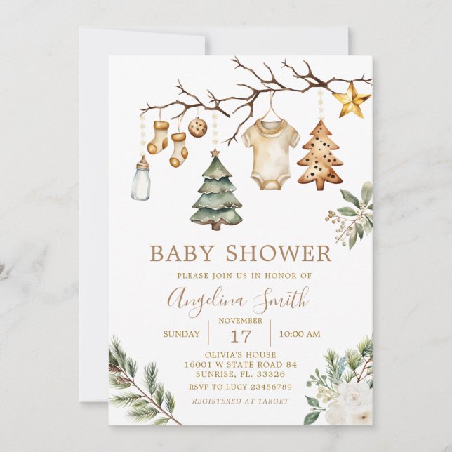 Invitación Ornamentos de Navidad Árbol Invernal Baby Shower (Anverso)