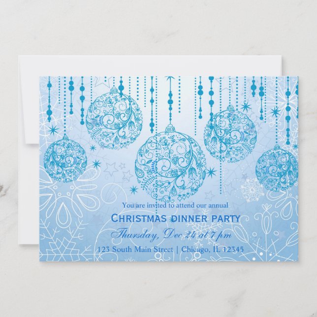 Invitación Ornamentos de Navidad (azul) (Anverso)