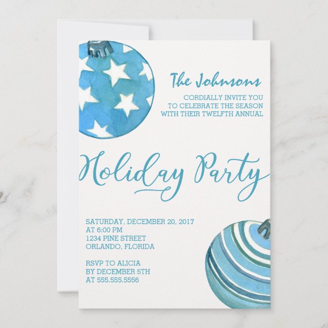 Invitación Ornamentos de navidad azul acuarela (Anverso)