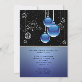 Invitación Ornamentos de Navidad de plata azul en Fiesta negr