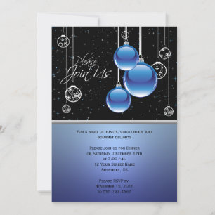 Invitación Ornamentos de Navidad de plata azul en Fiesta negr