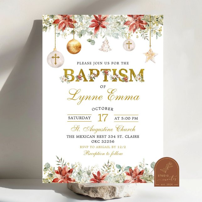 Invitación Ornamentos de Navidad dorados Bautismo de agua (Subido por el creador)