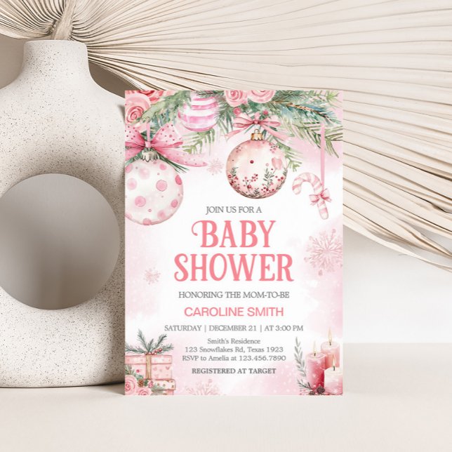 Invitación Ornamentos de Navidad Rosa Baby Shower de invierno (Pink Christmas Ornaments Baby Shower Invitation)