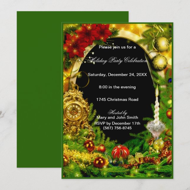 Invitación Ornamentos de oro Fiesta de Navidades de pino verd (Anverso / Reverso)