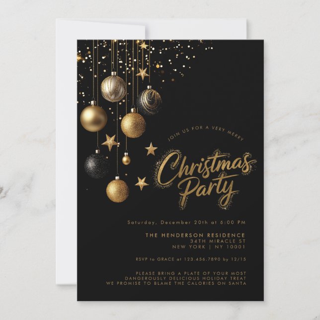 Invitación Ornamentos de oro negro Fiesta de Navidades de Spa (Anverso)