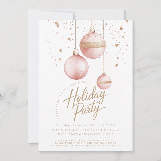 Invitación Ornamentos de oro rosa Fiesta Navidades elegantes (Anverso)