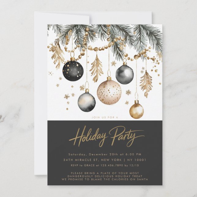 Invitación Ornamentos De Oro Y Negro Baubles Fiesta De Vacaci (Anverso)