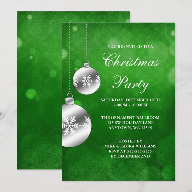 Invitación Ornamentos de plata Fiesta de Navidades de Bokeh V (Anverso / Reverso)