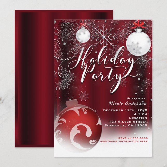 Invitación Ornamentos de Plata Roja de copos de nieve de fies (Anverso / Reverso)