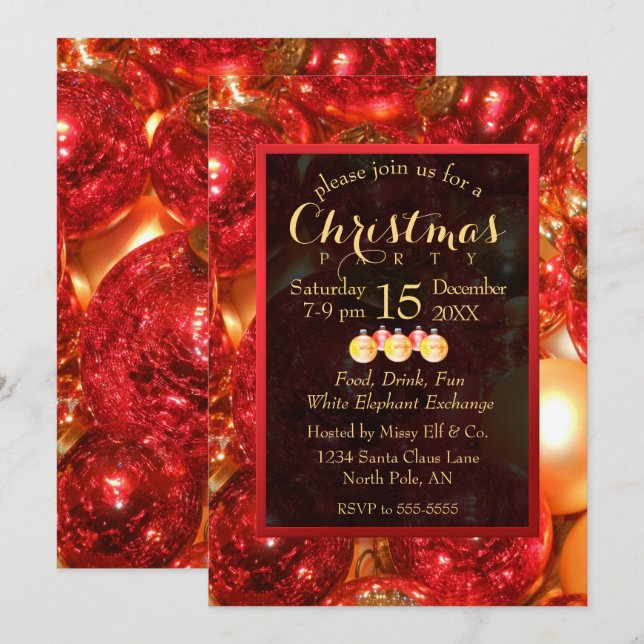 Invitación Ornamentos dorados y rojos de Navidad (Anverso / Reverso)