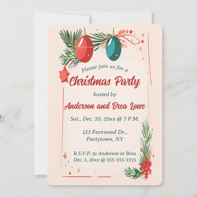 Invitación Ornamentos editables y Navidades de Evergreen (Anverso)