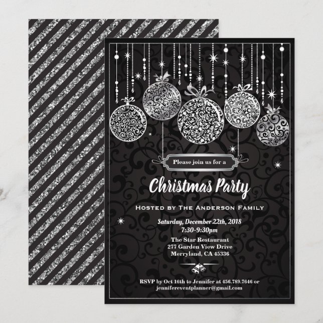 Invitación Ornamentos fiesta negro y plata (Anverso / Reverso)