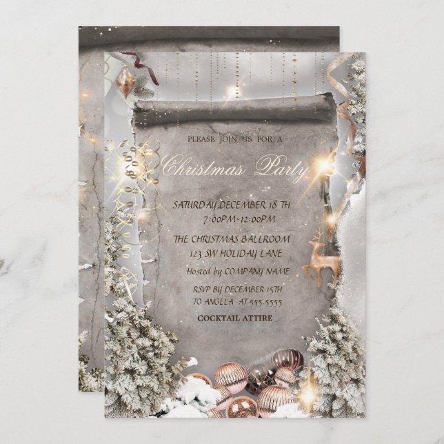 Invitación Ornamentos navideños,Compañía de Navidades de pino (Anverso / Reverso)