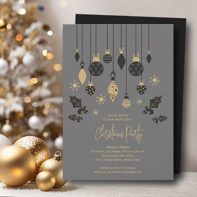 Invitación Ornamentos navideños de moda (Chic Christmas tree ornaments on grey party invitations, PRINTED and/or INSTANT DOWNLOAD)