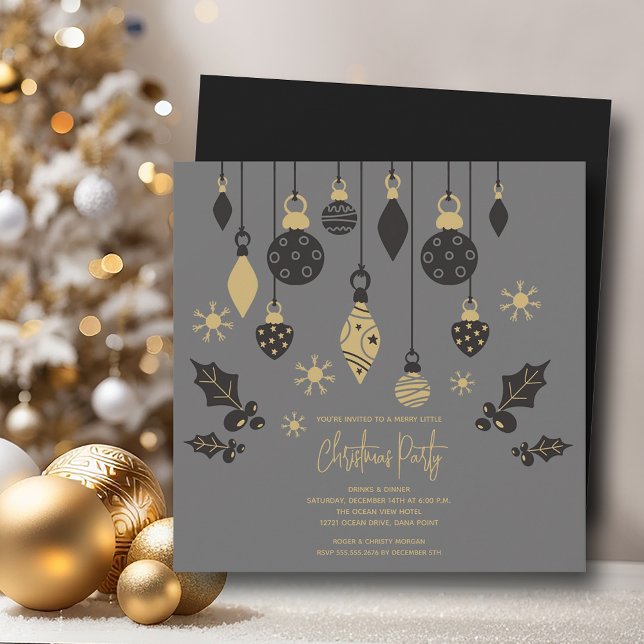 Invitación Ornamentos navideños de moda en gris (Chic Christmas tree ornaments on grey 5.25" square invitations, PRINTED and/or INSTANT DOWNLOAD)
