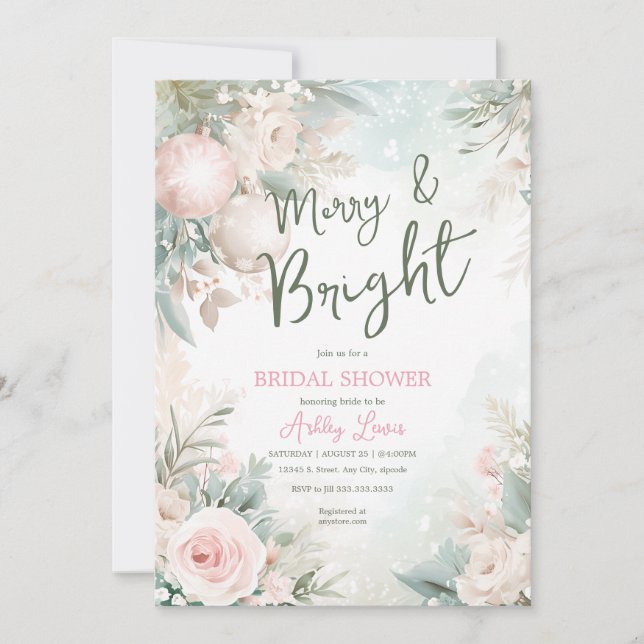 Invitación Ornamentos navideños, ducha de novia con copos de  (Anverso)