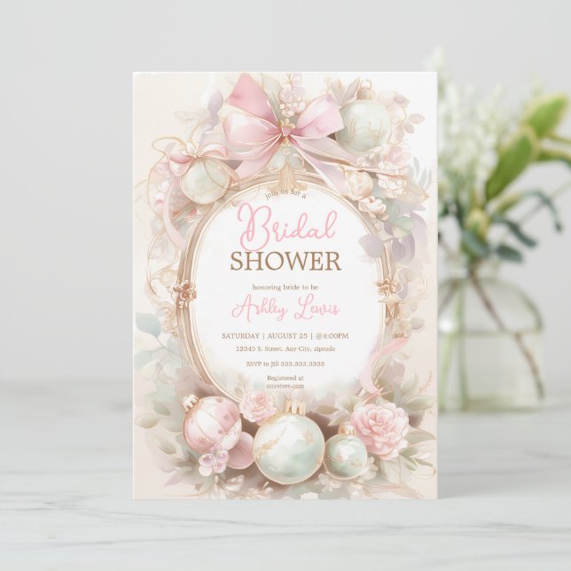 Invitación Ornamentos navideños, ducha de novia rosa Wiinter (Anverso de pie)