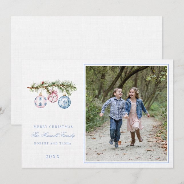 Invitación Ornamentos navideños rosas y azules (Anverso / Reverso)