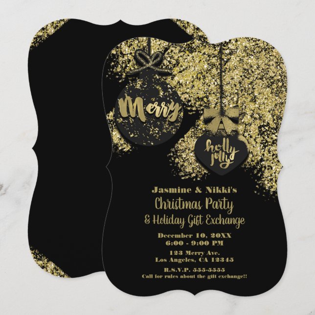 Invitación Ornamentos Purpurina de oro negro Fiesta de Glam H (Anverso / Reverso)