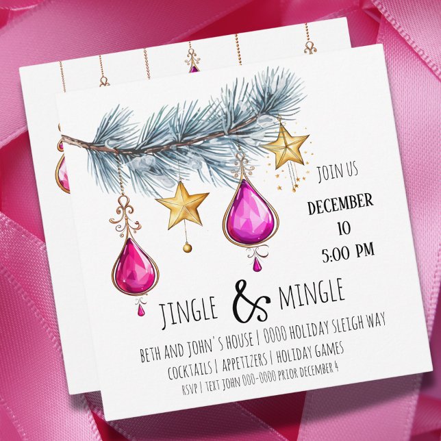 Invitación Ornamentos rosas y estrellas de oro con Fiesta de  (Pink and gold jingle and mingle party invitation you can customize. )