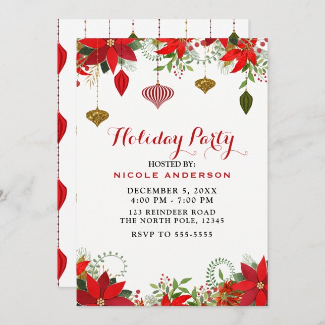 Invitación Ornamentos y poinsettia de fiesta navideña para na (Anverso / Reverso)