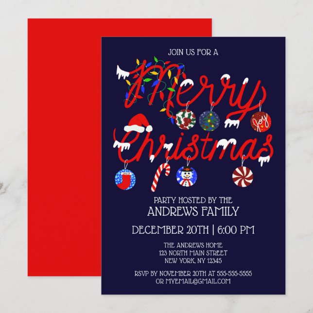 Invitación Ornaments enciende Snowowy Feliz Fiesta navideño (Anverso / Reverso)