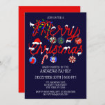 Invitación Ornaments enciende Snowowy Feliz Fiesta navideño<br><div class="desc">Esta encantadora y divertida invitación a la fiesta de Navidades es perfecta para un evento divertido y festivo. Presenta una tipografía decorativa a mano con hilos de luz, gorra de Santa Cláusula, lata de dulces, hiedra y berry holly, árbol de Navidad, Alegría, medias, caramelos de menta y ornamentos de hombre...</div>