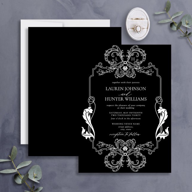 Invitación Ornate Black Floral Line Art Monograma Boda (Subido por el creador)