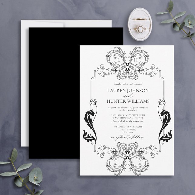 Invitación Ornate Black Floral Line Art Monograma Boda (Subido por el creador)