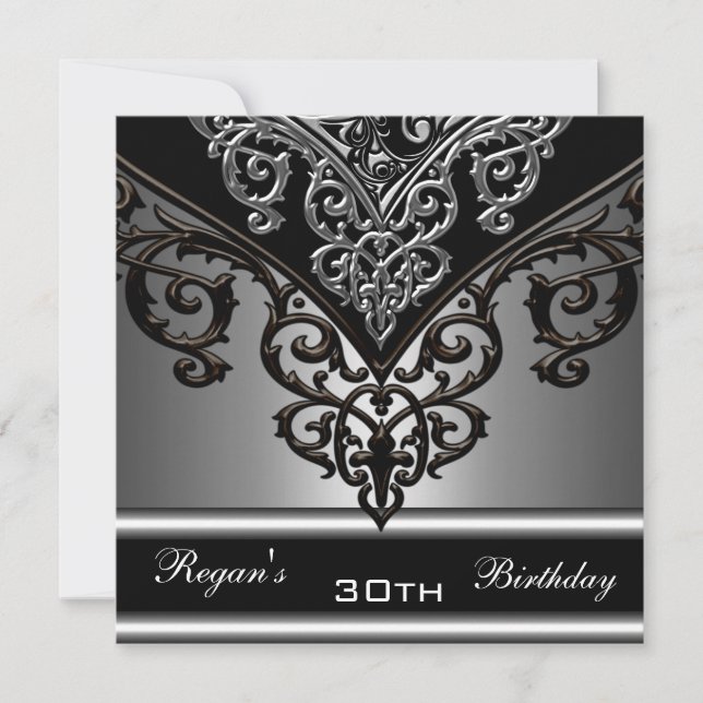 Invitación Ornate Black Gray Silver 30 años elegante (Anverso)