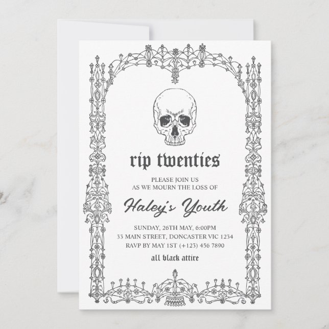 Invitación Ornate Black White RIP 20 años 30 cumpleaños (Anverso)