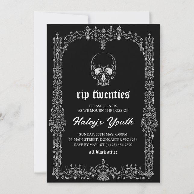 Invitación Ornate Black White RIP 20 años 30 cumpleaños (Anverso)