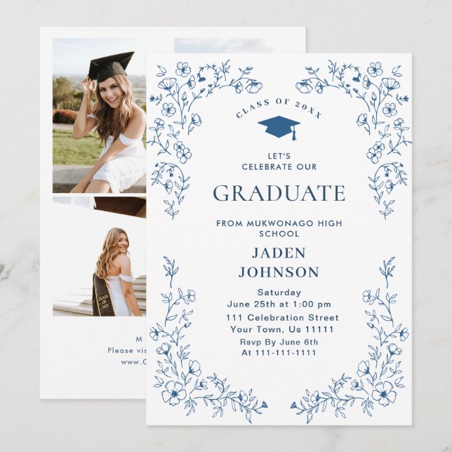 Invitación Ornate Blue Floral Grace 4 Photo Graduation Party (Anverso / Reverso)
