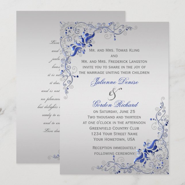 Invitación Ornate Blue Silver Floral Swirls Bodas (Anverso / Reverso)