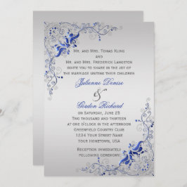 Invitación Ornate Blue Silver Floral Swirls Bodas