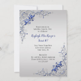 Invitación Ornate Blue Silver Swirls en Silver Sweet 16