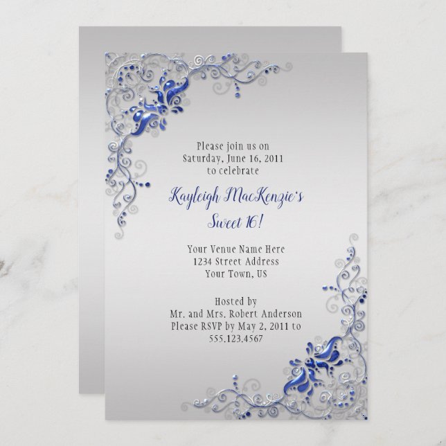 Invitación Ornate Blue Silver Swirls en Silver Sweet 16 (Anverso / Reverso)
